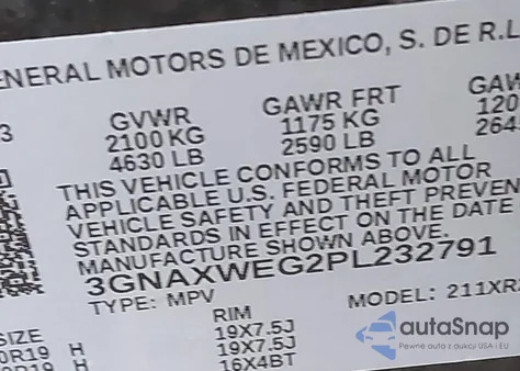 2023 Chevrolet Equinox Awd Rs z USA, uszkodzony, nr VIN 3GNAXWEG2PL232791